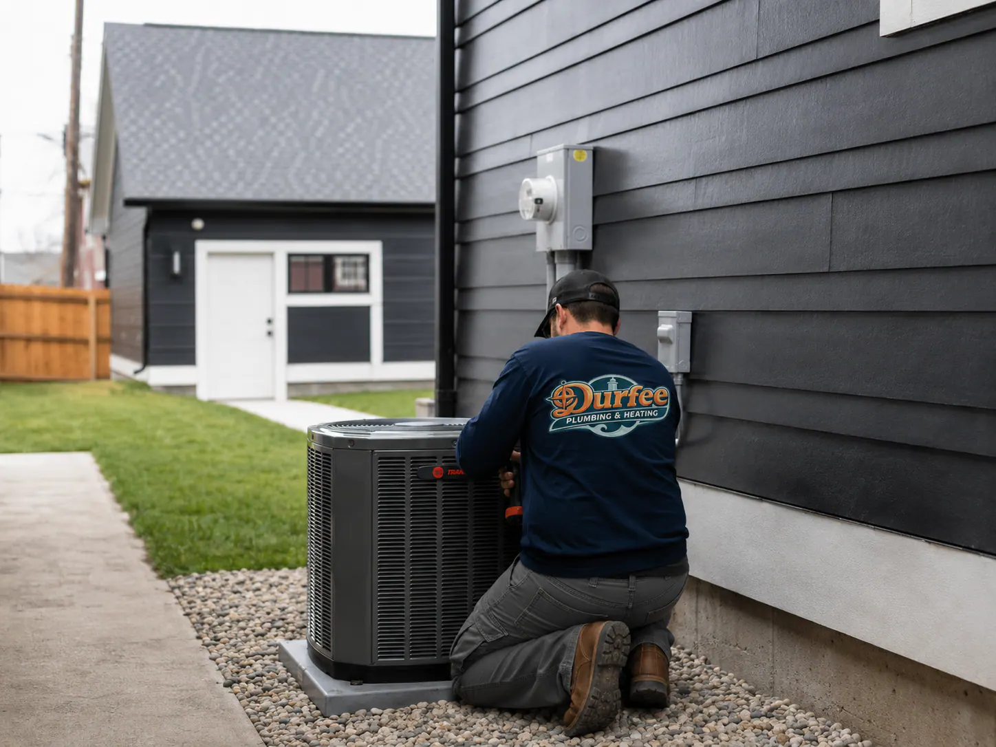 A Durfee Plumbing & Heating technician servicing an outdoor AC condenser beside a Cape Cod home.