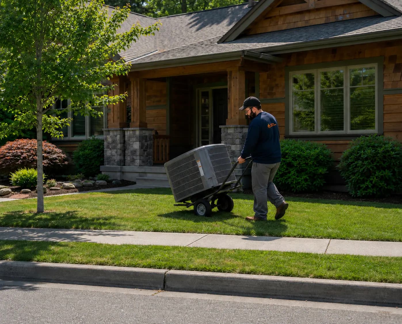 A Durfee Plumbing & Heating technician wheeling a new condenser unit up to a Cape Cod home for installation.