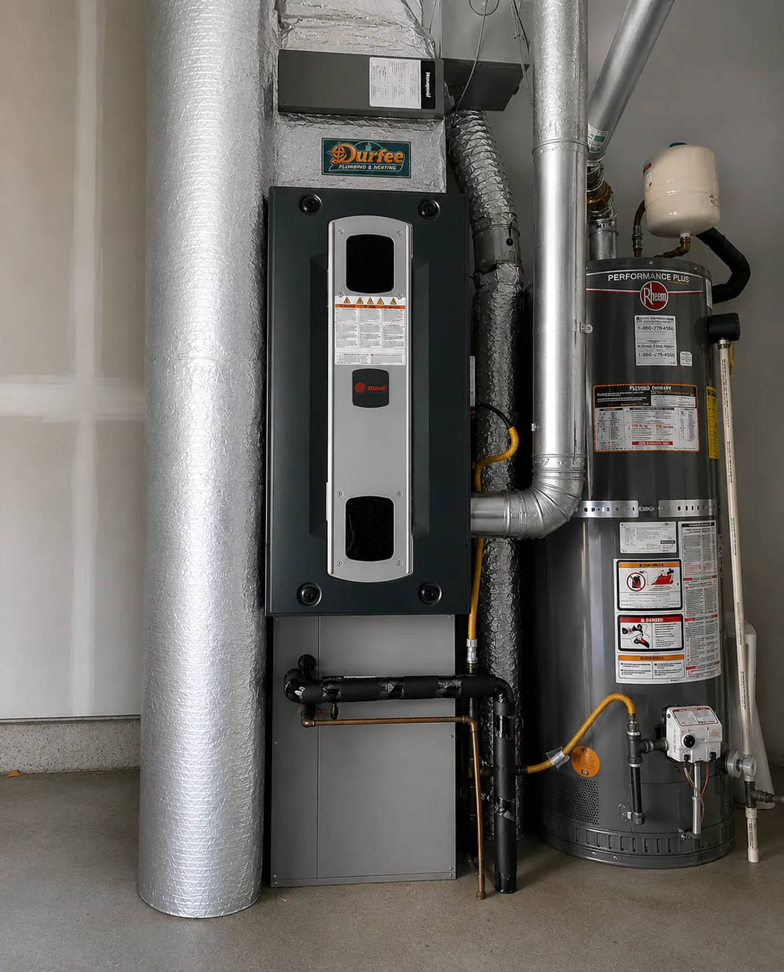 Boiler and water heater equipment installed in a Cape Cod home mechanical room.