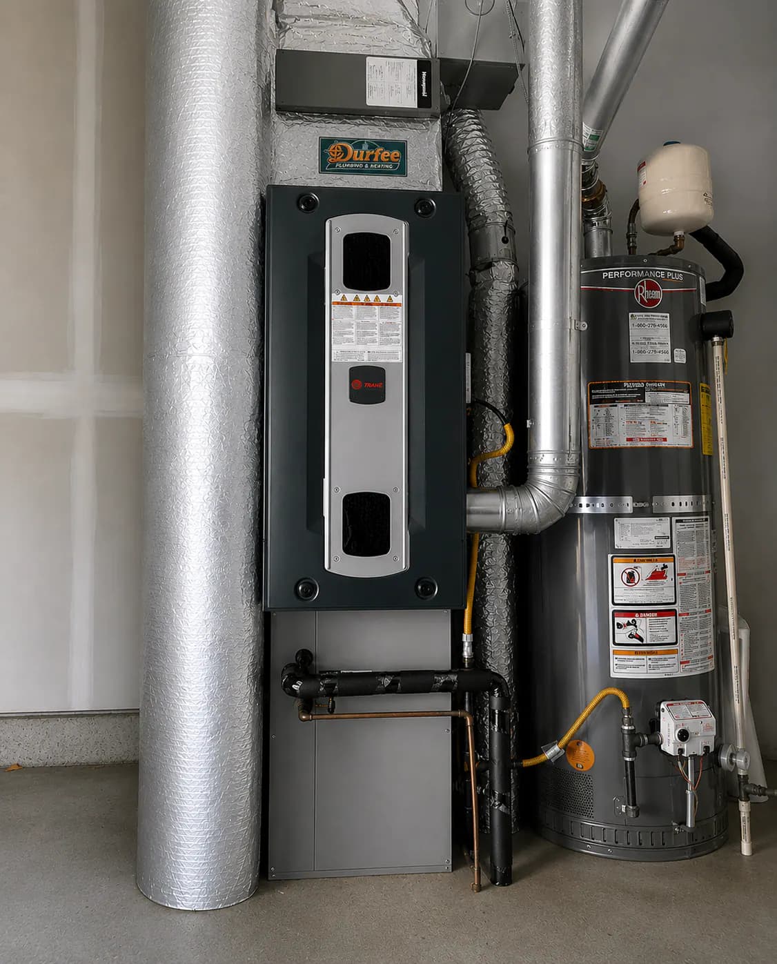 A high-efficiency heating unit and water heater installed by Durfee Plumbing & Heating in a Cape Cod home.