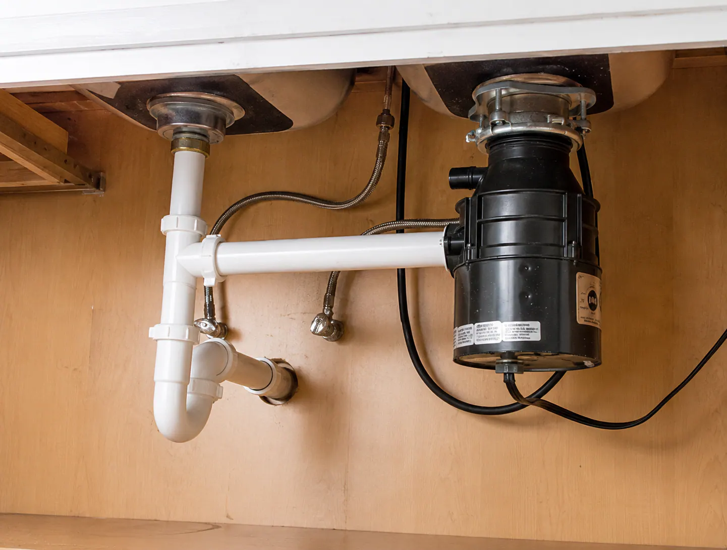 An under-sink garbage disposal and drain assembly installed by Durfee Plumbing & Heating.