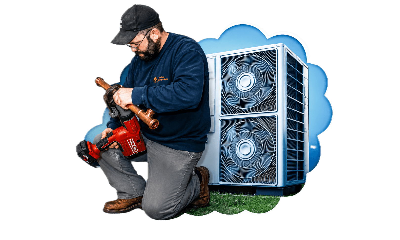 A Durfee Plumbing & Heating technician installing a heat pump on Cape Cod.