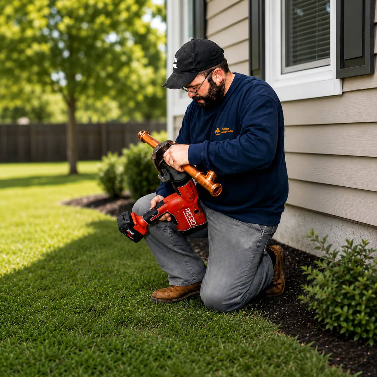 A Durfee Plumbing technician working on residential plumbing.