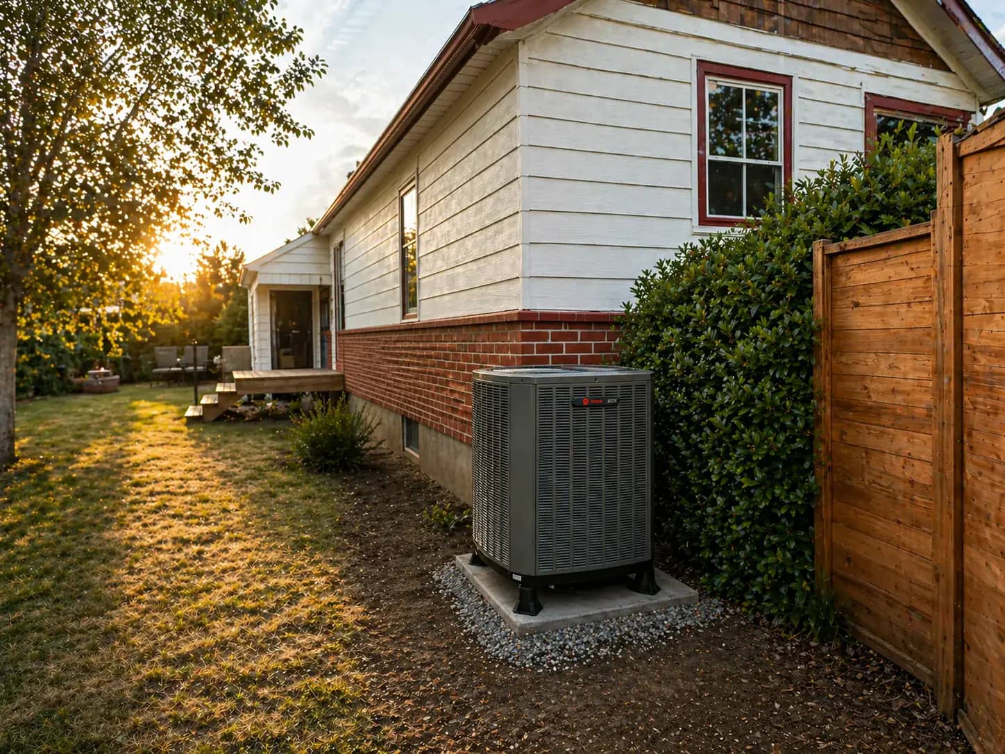 High-efficiency outdoor AC condenser professionally installed at a Cape Cod home in golden-hour sunlight.