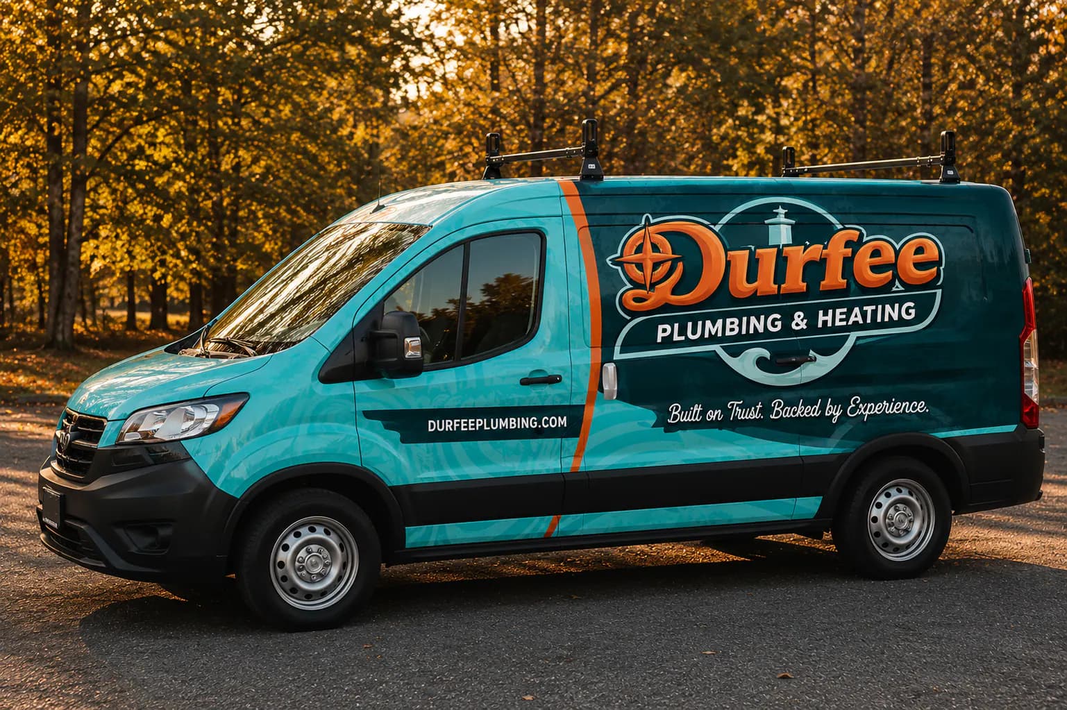 A Durfee Plumbing & Heating branded service van parked on Cape Cod.