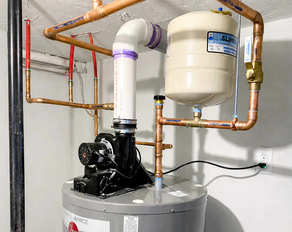 Durfee Plumbing technician working on a water heater installation.
